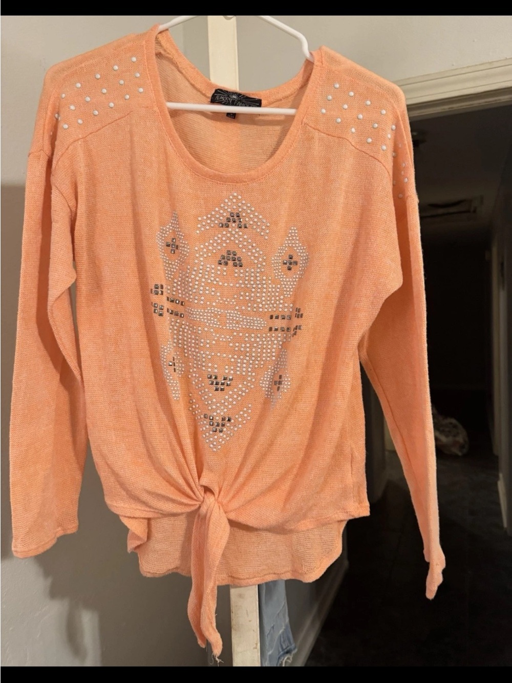 Almost Famous Peach Long-Sleeve Tie-Front Studded Sweater